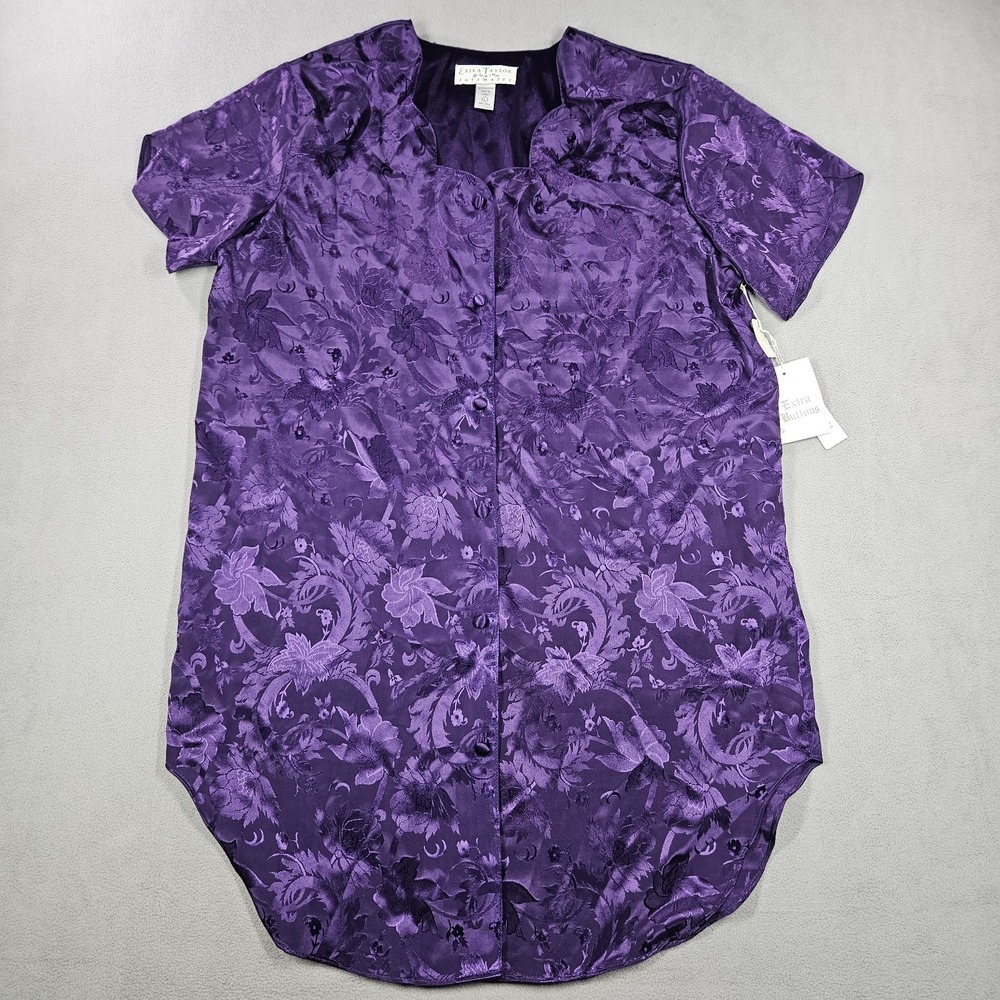 VTG Erika Taylor Intimates Sleep Shirt Womens L Purple Floral Satin Whimsigoth